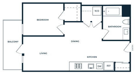 Floor plan for 1 bed, 1 bath, 686 sqft